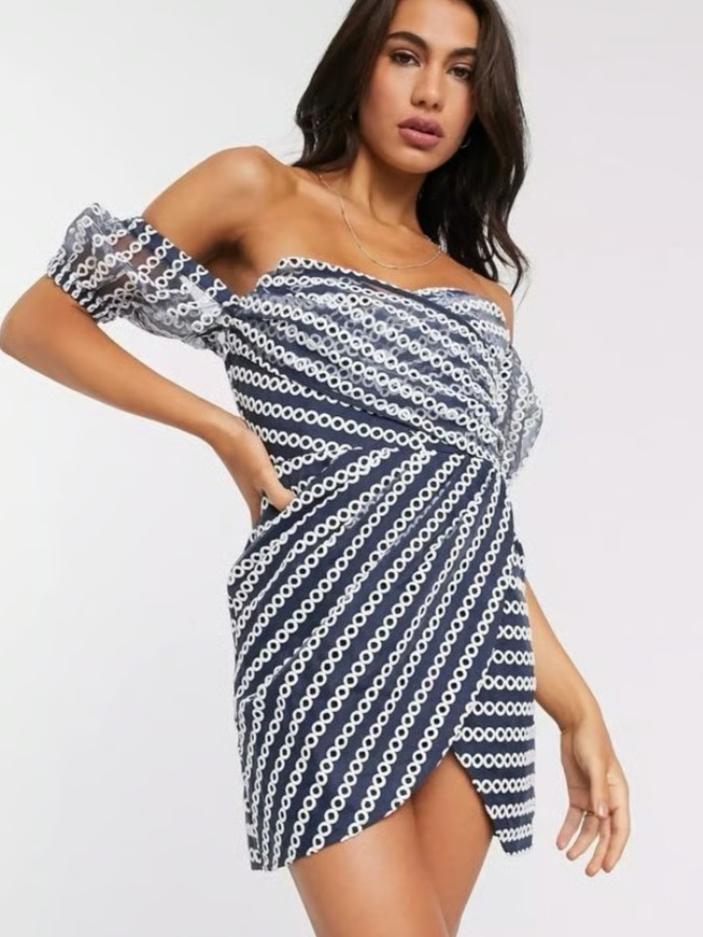 ASOS Navy and White Off-Shoulder Mini Dress